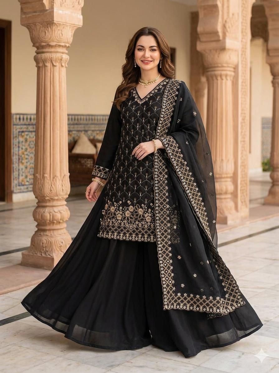 Women's Designer Black Embroidered Palazzo Suit Set with Dupatta | LM-17