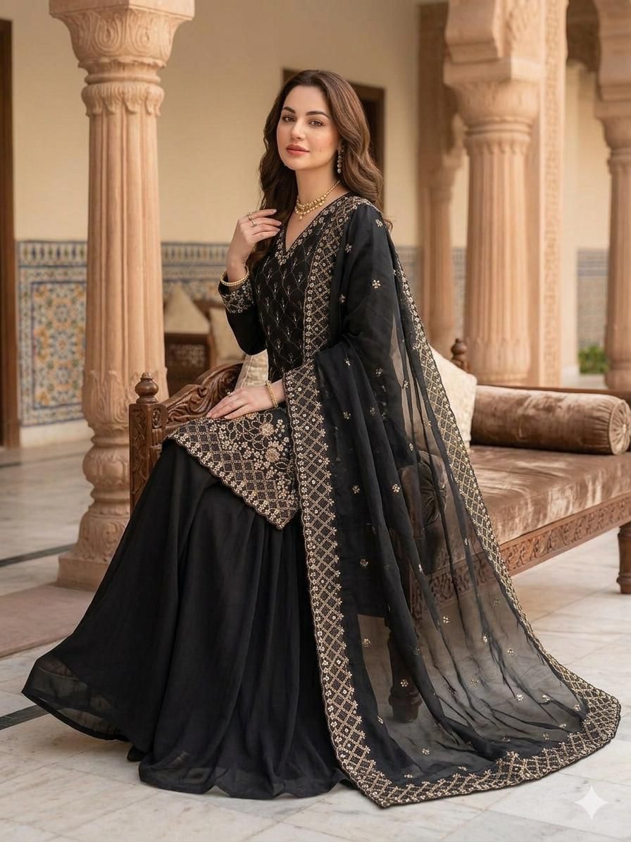 Women's Designer Black Embroidered Palazzo Suit Set with Dupatta | LM-17