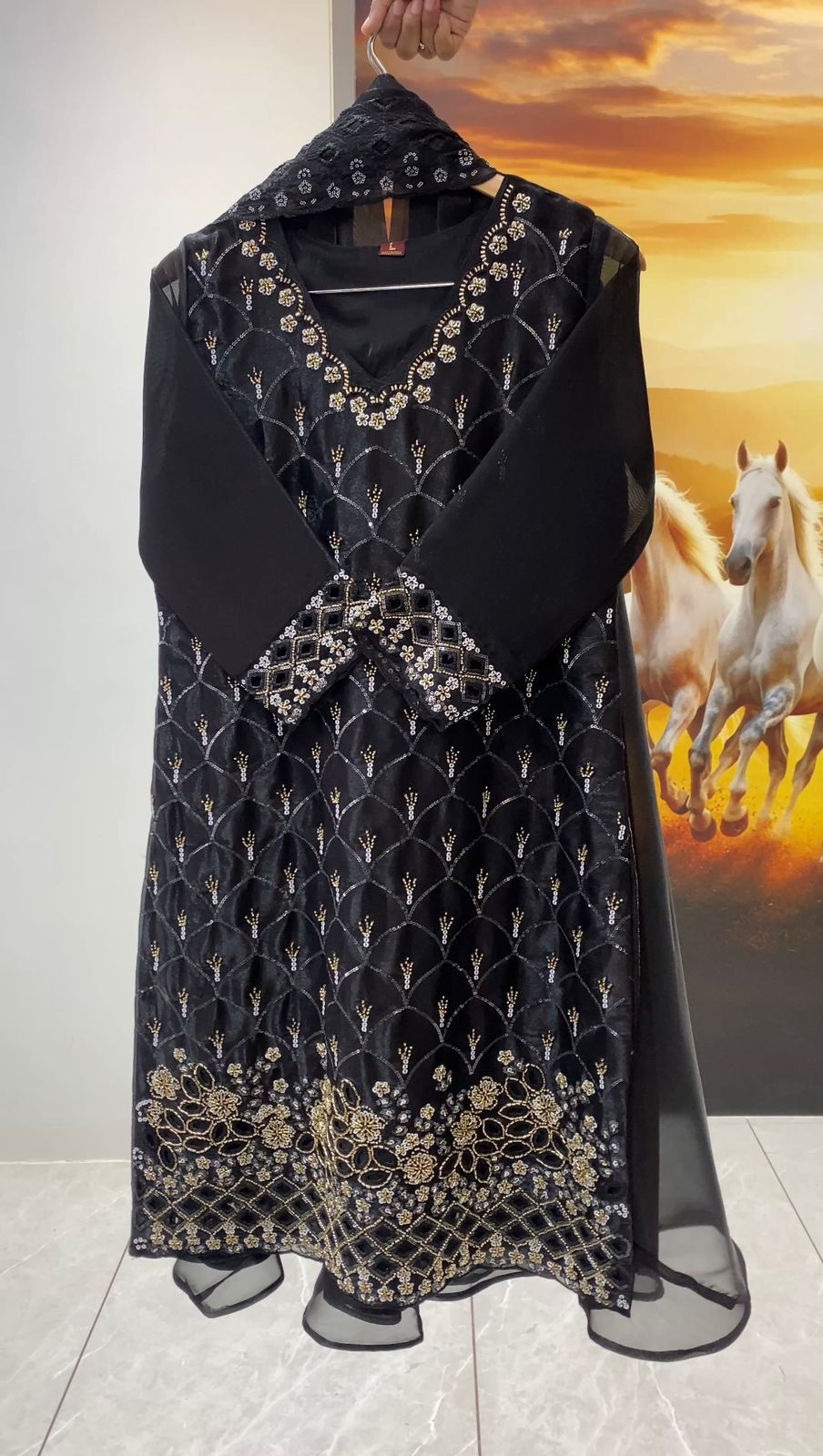 Women's Designer Black Embroidered Palazzo Suit Set with Dupatta | LM-17