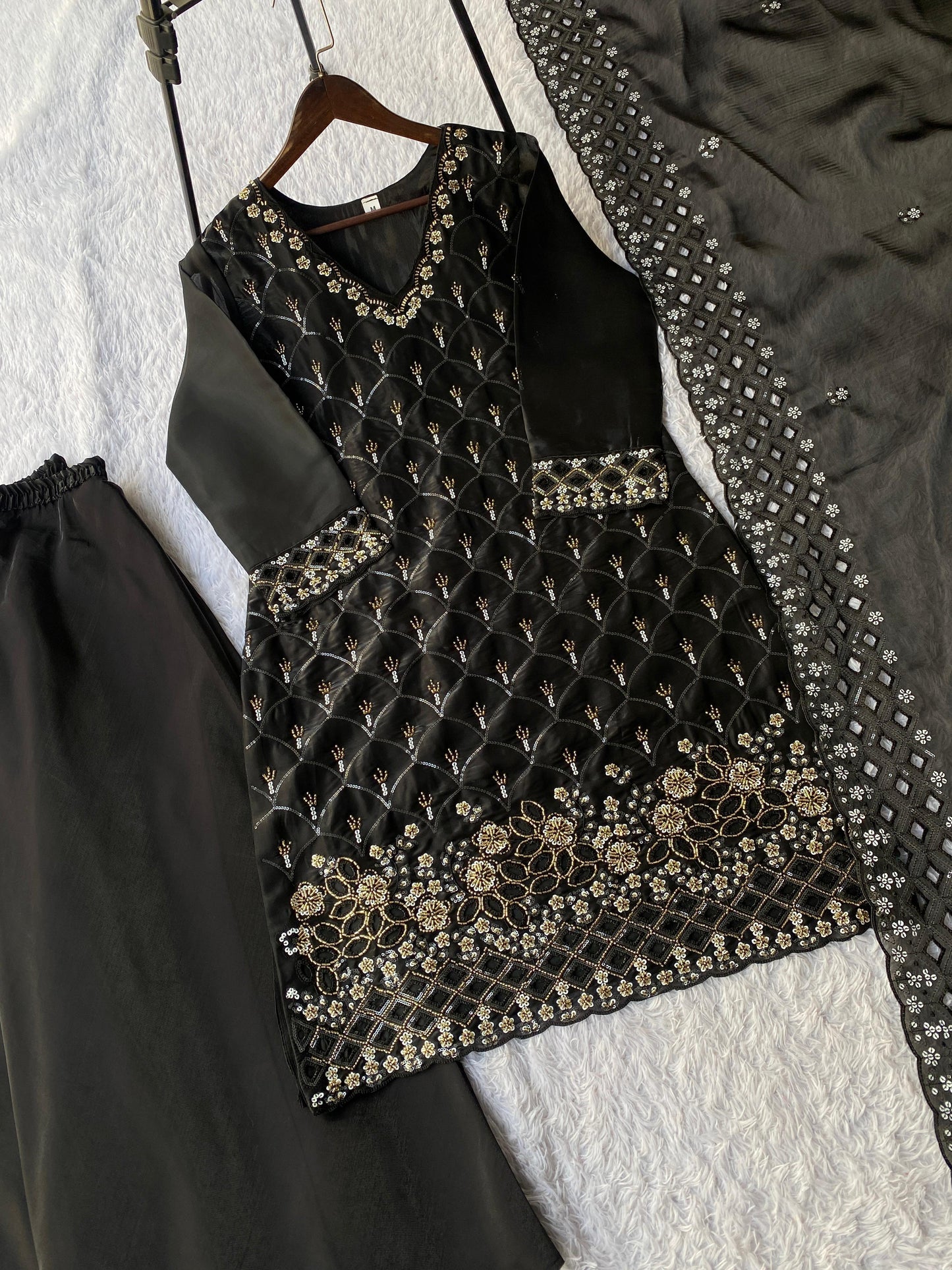Women's Designer Black Embroidered Palazzo Suit Set with Dupatta | LM-17