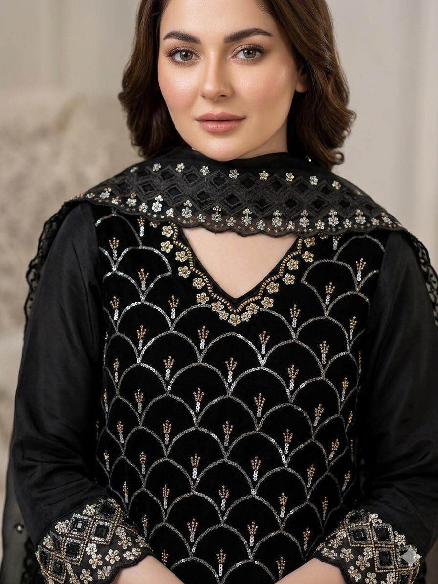 Women's Designer Black Embroidered Palazzo Suit Set with Dupatta | LM-17