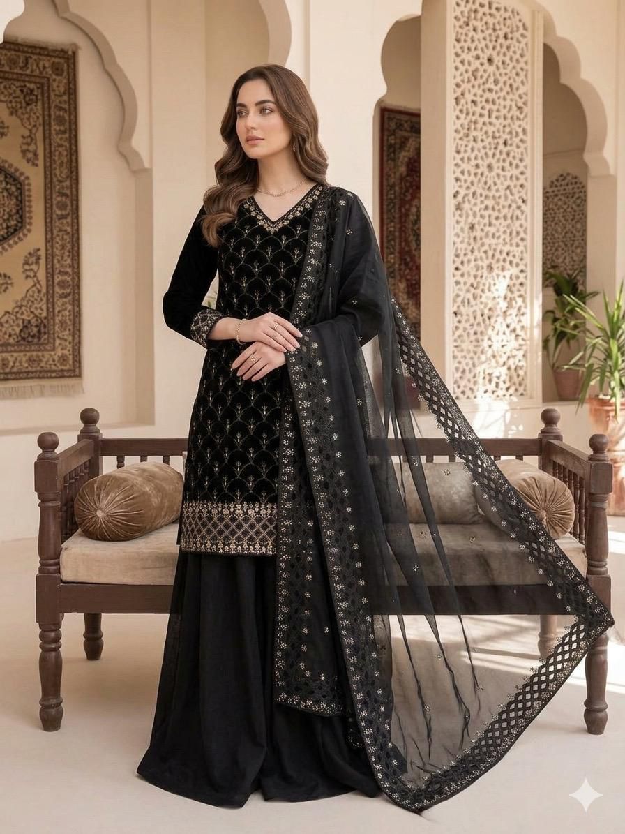 Women's Designer Black Embroidered Palazzo Suit Set with Dupatta | LM-17
