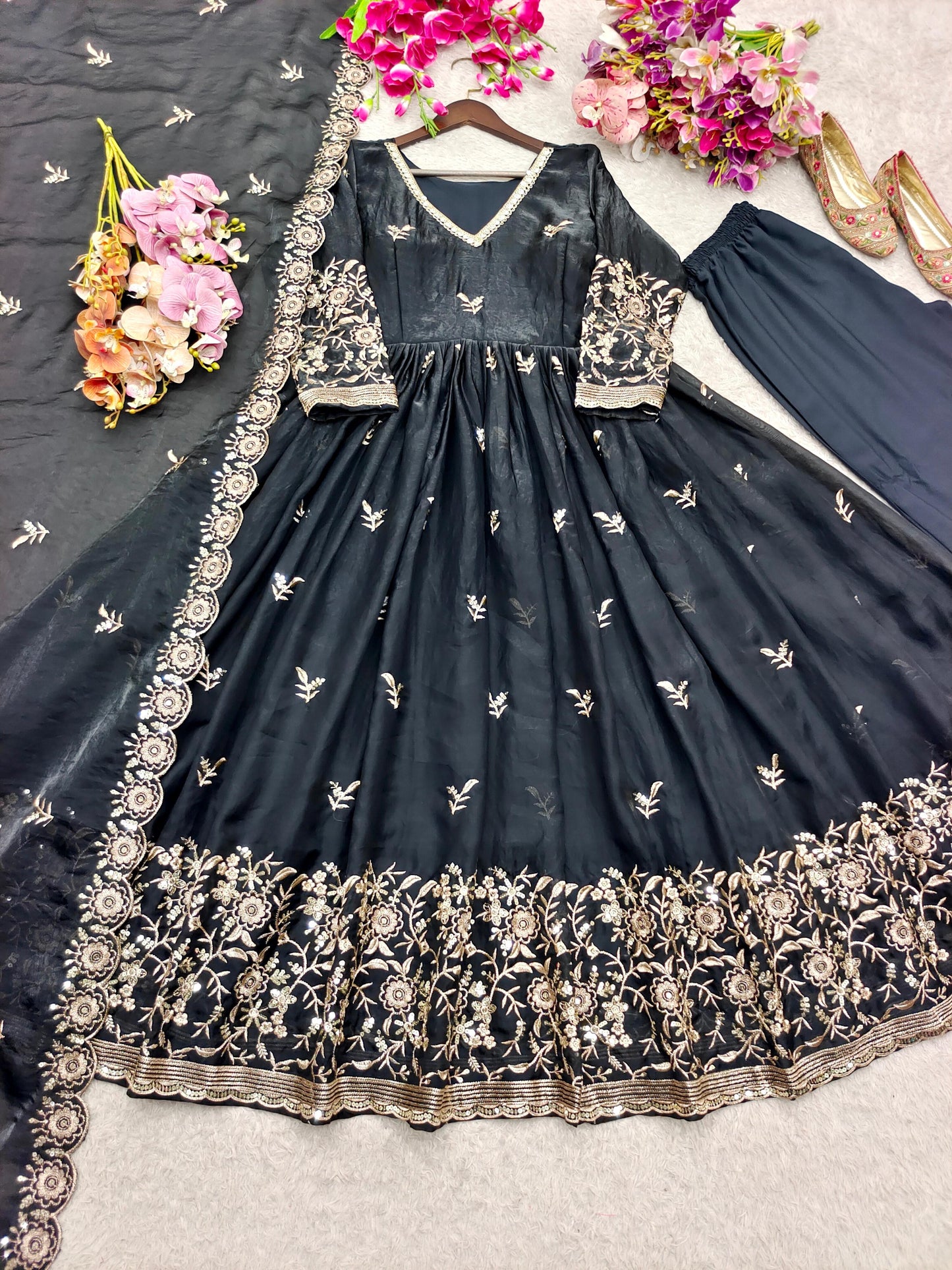 Women's Designer Black Embroidered Palazzo Suit Set with Dupatta | LM-17