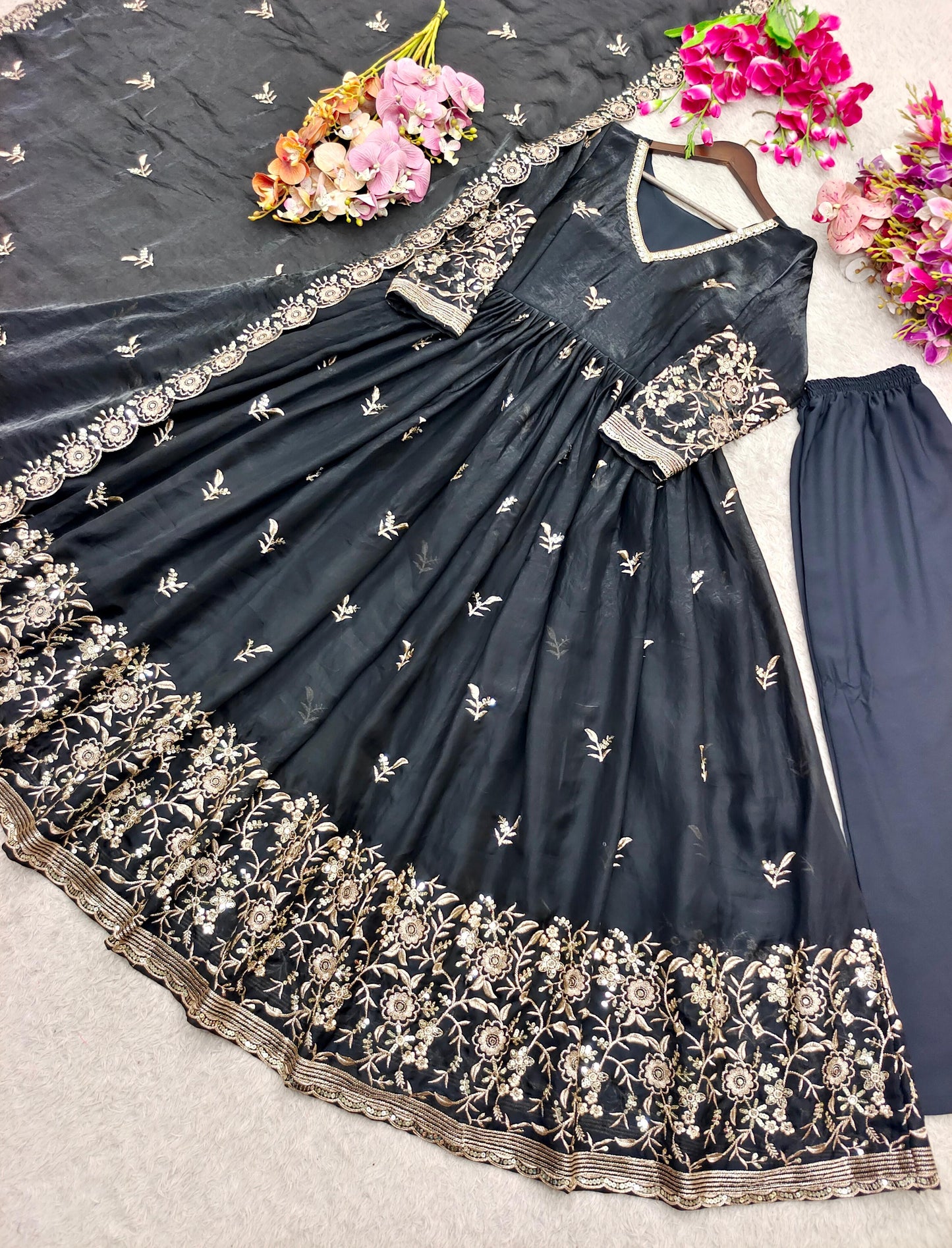 Women's Designer Black Embroidered Palazzo Suit Set with Dupatta | LM-17