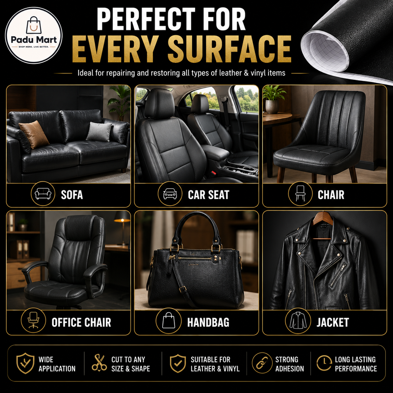 Self-Adhesive Leather Repair Patch (30x60cm) | Waterproof Upholstery Repair Tape for Sofa, Car Seats, Bags & Furniture