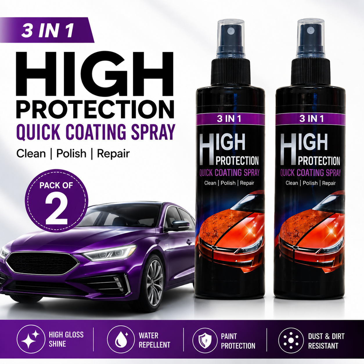3-in-1 Ceramic Car Coating Spray (Pack of 2) | Instant Shine, Water Repellent & Paint Protection for Cars & Bikes