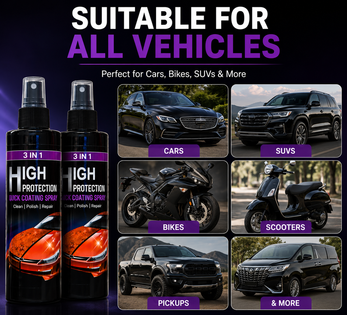 3-in-1 Ceramic Car Coating Spray (Pack of 2) | Instant Shine, Water Repellent & Paint Protection for Cars & Bikes