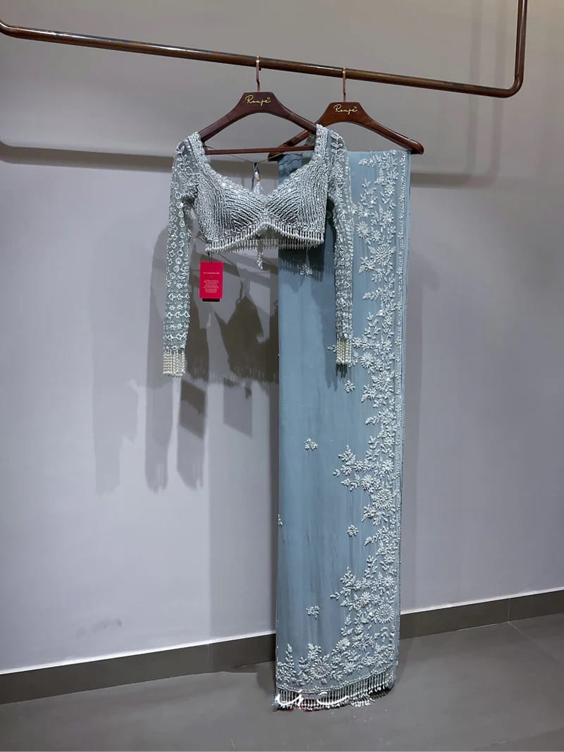 Bollywood Designer Ice Blue Sequins Embroidered Saree with Heavy Embroidered Blouse | DF 3478