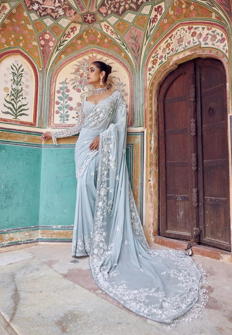 Bollywood Designer Ice Blue Sequins Embroidered Saree with Heavy Embroidered Blouse | DF 3478