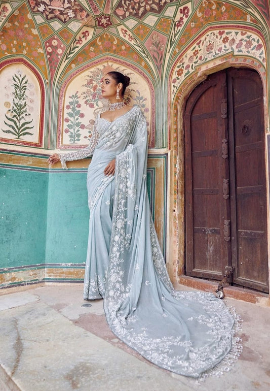 Bollywood Designer Ice Blue Sequins Embroidered Saree with Heavy Embroidered Blouse | DF 3478