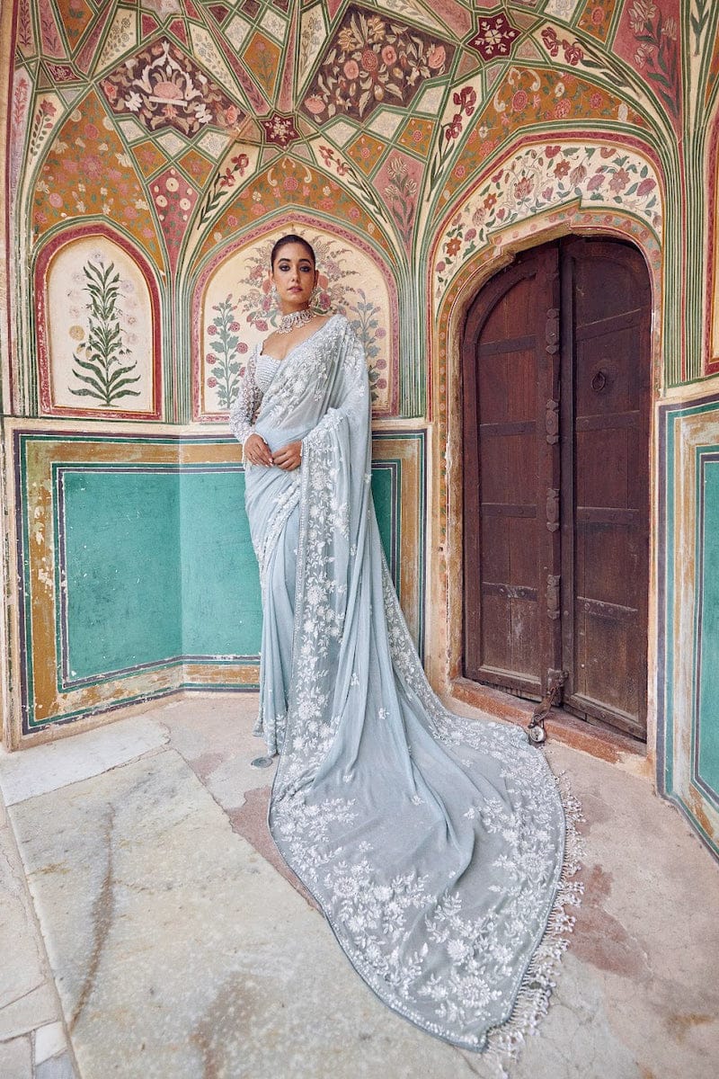 Bollywood Designer Ice Blue Sequins Embroidered Saree with Heavy Embroidered Blouse | DF 3478
