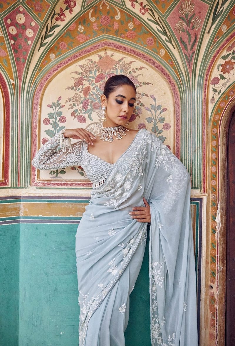 Bollywood Designer Ice Blue Sequins Embroidered Saree with Heavy Embroidered Blouse | DF 3478