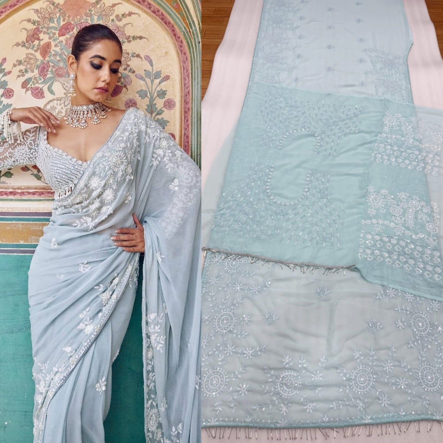 Bollywood Designer Ice Blue Sequins Embroidered Saree with Heavy Embroidered Blouse | DF 3478