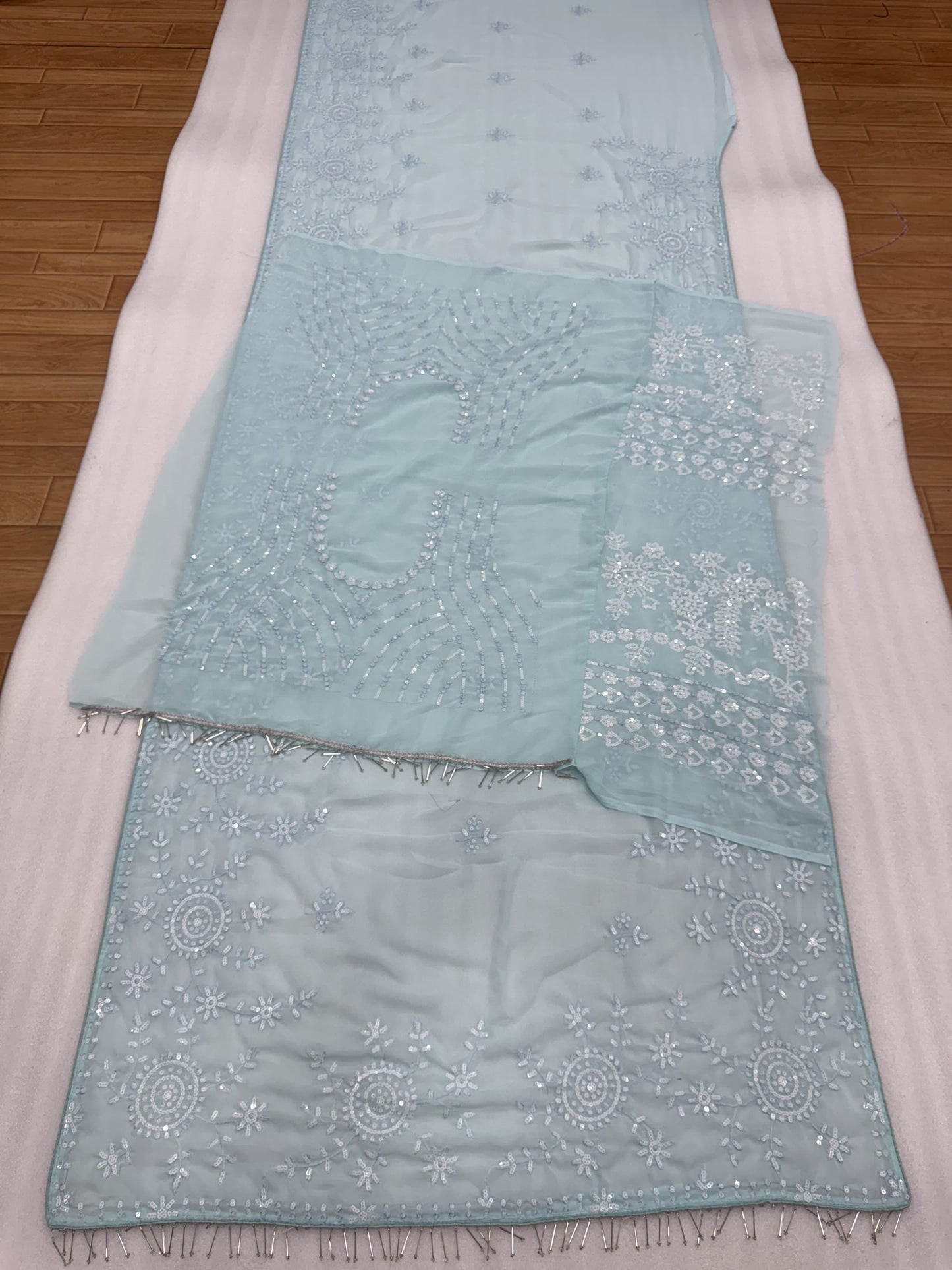 Bollywood Designer Ice Blue Sequins Embroidered Saree with Heavy Embroidered Blouse | DF 3478