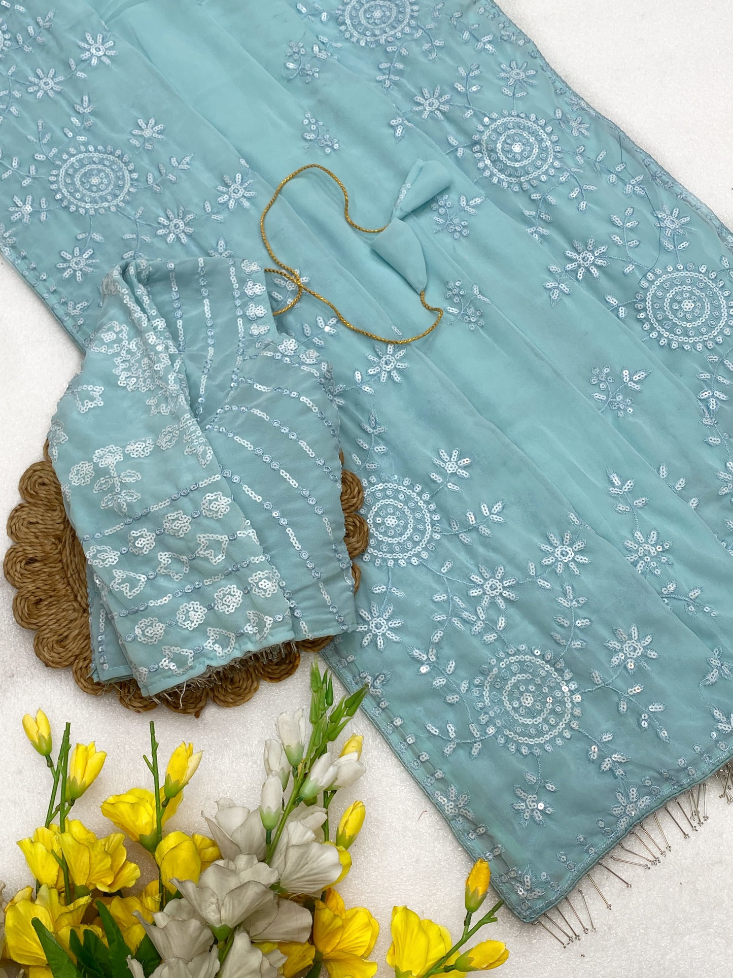 Bollywood Designer Ice Blue Sequins Embroidered Saree with Heavy Embroidered Blouse | DF 3478