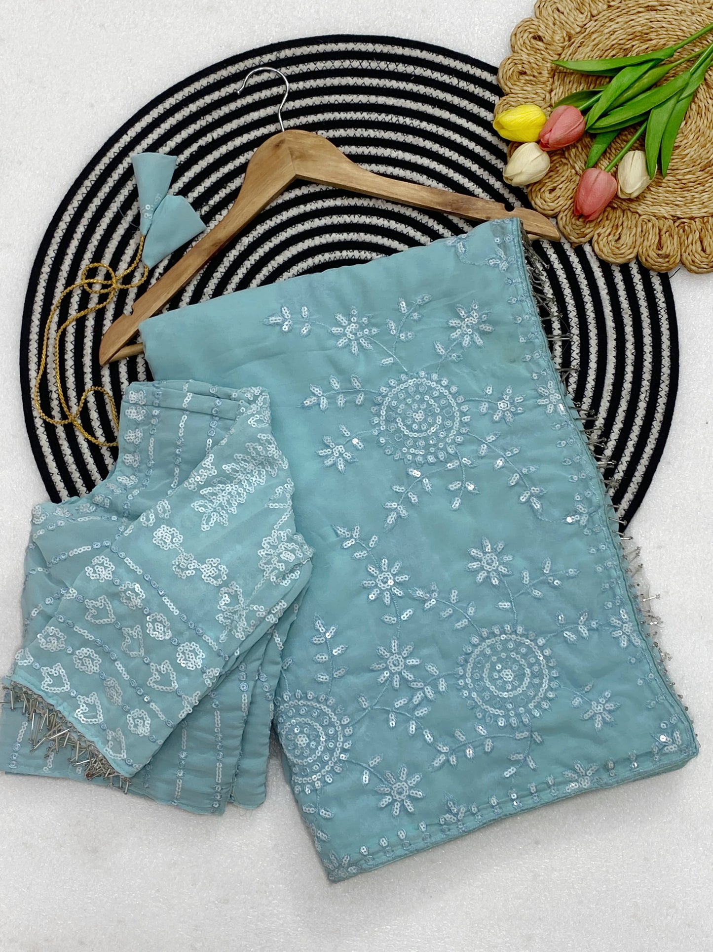 Bollywood Designer Ice Blue Sequins Embroidered Saree with Heavy Embroidered Blouse | DF 3478