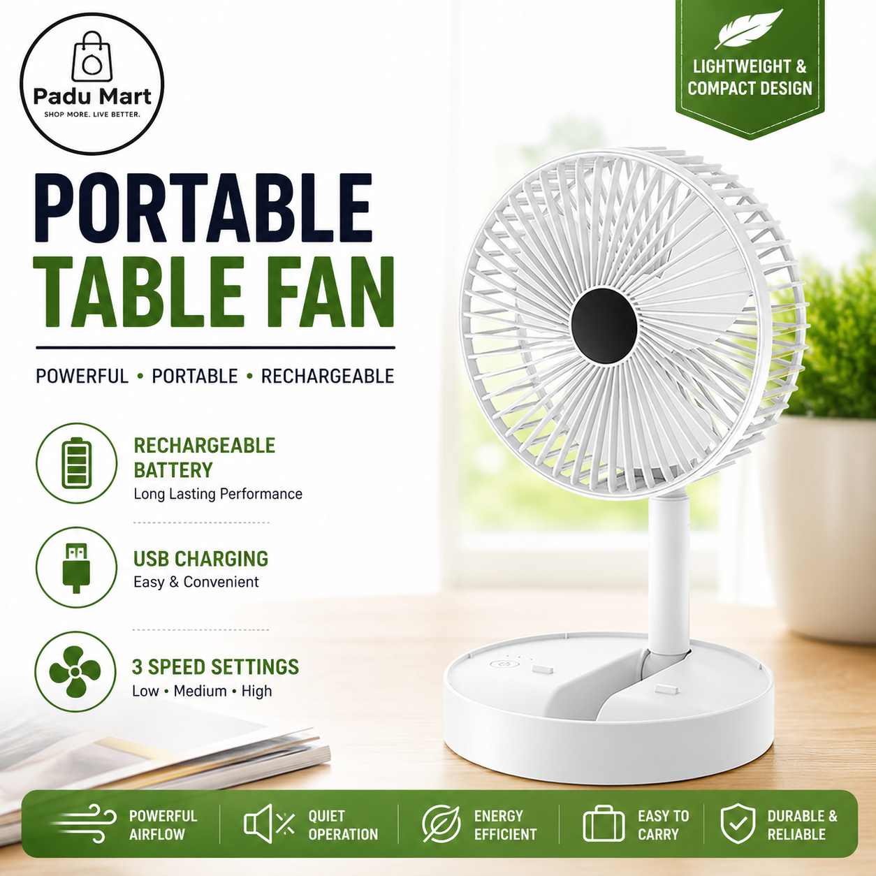 Portable USB Rechargeable Table Fan | 3-Speed Adjustable Mini Desk Fan for Home, Office & Travel