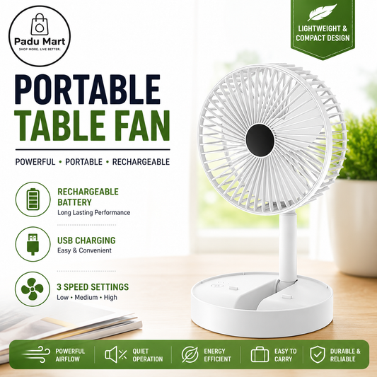 Portable USB Rechargeable Table Fan | 3-Speed Adjustable Mini Desk Fan for Home, Office & Travel